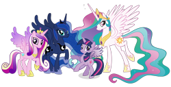 Size: 4813x2446 | Tagged: safe, artist:animesmek1984, princess cadance, princess celestia, princess luna, twilight sparkle, alicorn, pony, g4, alicorn tetrarchy, concave belly, female, height difference, physique difference, simple background, slender, stock vector, tall, thin, transparent background, twilight sparkle (alicorn)