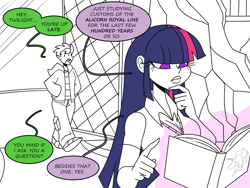 Size: 1800x1350 | Tagged: safe, artist:chillguydraws, spike, twilight sparkle, human, g4, book, clothes, comic, hoodie, humanized, magic, sweater vest, telekinesis, twilight's castle