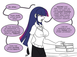 Size: 1800x1350 | Tagged: safe, artist:chillguydraws, twilight sparkle, human, g4, big breasts, book, breasts, busty twilight sparkle, comic, dialogue, humanized, implied spike, multiverse, offscreen character, simple background, solo, sweater vest, table, white background