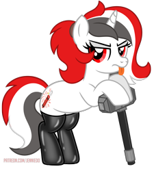 Size: 5394x6000 | Tagged: safe, artist:jennieoo, oc, oc only, oc:red rocket, pony, unicorn, g4, :p, angry, eyes open, hammer, horn, latex, red eyes, simple background, solo, tongue out, transparent background