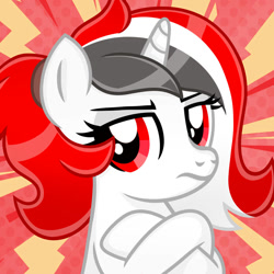 Size: 828x828 | Tagged: safe, artist:jennieoo, oc, oc only, oc:red rocket, pony, unicorn, g4, abstract background, bust, eyes open, horn, looking at you, red eyes, solo