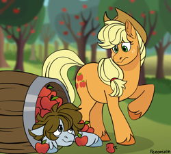 Size: 842x759 | Tagged: safe, artist:pigeorgien, applejack, oc, oc:pigeon heart, earth pony, pegasus, g4, apple, apple tree, applejack's hat, barrel, cowboy hat, female, food, hat, mare, outdoors, raised hoof, tree, unshorn fetlocks