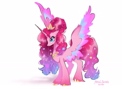 Size: 2048x1504 | Tagged: safe, artist:petaltwinkle, pinkie pie, alicorn, pony, g4, alicornified, blue eyes, colored hooves, colored wings, colored wingtips, crown, curly mane, curly tail, eyelashes, eyeshadow, female, gradient ears, gradient horn, gradient legs, gradient mane, gradient tail, hair bun, horn, jewelry, lipstick, long horn, long legs, long mane, long tail, makeup, mare, multicolored wings, peytral, pink coat, pink mane, pink tail, pinkiecorn, race swap, regalia, shiny hooves, signature, simple background, smiling, solo, sparkly mane, sparkly tail, spread wings, tail, tall, tiara, unshorn fetlocks, white background, wing fluff, wingding eyes, wings, xk-class end-of-the-world scenario