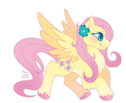 Size: 712x577 | Tagged: safe, artist:movie95, fluttershy, pegasus, pony, g4, blushing, cheek fluff, chest fluff, colored hooves, female, flower, mare, signature, simple background, smiling, solo, spread wings, tail, transparent background, unshorn fetlocks, wings