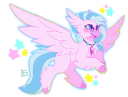 Size: 760x577 | Tagged: safe, artist:movie95, silverstream, hippogriff, g4, beak, blush scribble, blushing, female, jewelry, necklace, open mouth, open smile, signature, simple background, smiling, solo, spread wings, stars, transparent background, wings