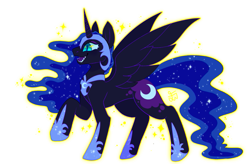 Size: 877x577 | Tagged: safe, artist:movie95, nightmare moon, alicorn, pony, g4, armor, female, helmet, hoof shoes, horn, mare, open mouth, open smile, princess shoes, sharp teeth, signature, simple background, smiling, solo, spread wings, tail, teeth, transparent background, wings
