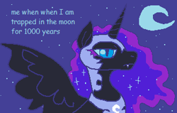 Size: 331x210 | Tagged: safe, artist:movie95, nightmare moon, alicorn, pony, g4, armor, crescent moon, female, horn, lidded eyes, mare, moon, ms paint, night, outdoors, solo, spread wings, starry night, stars, wings