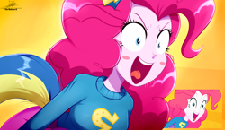 Size: 3334x1934 | Tagged: safe, artist:the-butch-x, pinkie pie, human, equestria girls, g4, my little pony equestria girls, my little pony equestria girls: summertime shorts, steps of pep, 2d, arms, breasts, bust, clothes, collar, fake ears, fake tail, female, hairband, happy, helping twilight win the crown, high res, long hair, long sleeves, open mouth, open smile, reference, screencap reference, shrunken pupils, simple background, skirt, smiling, solo, sweater, sweatshirt, tail, teenager, teeth, uniform, wide eyes, wonderbolts uniform, yelling, yellow background