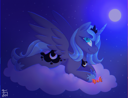 Size: 757x577 | Tagged: safe, artist:movie95, princess luna, alicorn, pony, g4, candy, cloud, female, food, full moon, horn, jewelry, lying down, lying on a cloud, mare, moon, nightmare night, on a cloud, outdoors, peytral, prone, s1 luna, signature, smiling, solo, starry night, tail, tiara