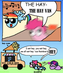 Size: 488x561 | Tagged: safe, artist:danatron1, pinkie pie, rainbow dash, trixie, twilight sparkle, earth pony, pegasus, unicorn, g4, 2 panel comic, autism creature, comic, dialogue, food, funny, glowing, glowing horn, googly eyes, hay, horn, ice cream truck, leash, magic, onomatopoeia, pride, pride flag, signature, telekinesis, tired eyes, transgender pride flag, van