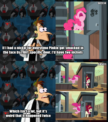 Size: 960x1080 | Tagged: safe, edit, edited screencap, screencap, cherry jubilee, pinkie pie, earth pony, human, pony, g4, party pooped, the last roundup, doctor heinz doofenshmirtz, female, if i had a nickel, male, mare, meme, outhouse, phineas and ferb, phineas and ferb: across the 2nd dimension, text
