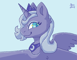 Size: 544x429 | Tagged: safe, artist:movie95, princess luna, alicorn, pony, g4, female, horn, jewelry, looking at you, ms paint, peytral, s1 luna, signature, smiling, solo, spread wings, tiara, wings