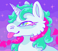 Size: 489x428 | Tagged: safe, artist:movie95, gusty, pony, unicorn, g1, bust, cheek fluff, falling leaves, horn, horn pattern, leaves, ms paint, outdoors, portrait, smiling, solo, starry night, tongue out