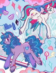 Size: 1075x1394 | Tagged: safe, artist:youssoupoff, izzy moonbow, zipp storm, pegasus, pony, unicorn, g5, blush scribble, blushing, bracelet, chest fluff, crystal, cup, duo, duo female, female, friendship bracelet, heart, horn, izzy moonbow's cutie mark, jewelry, mare, physique difference, pride, pride month, signature, slender, smiling, sparkles, tail, teacup, thin, unshorn fetlocks, wings, zipp storm's cutie mark