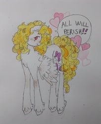 Size: 2115x2589 | Tagged: safe, artist:youssoupoff, surprise, pegasus, pony, g1, blush lines, blushing, dialogue, female, heart, mare, smiling, solo, speech bubble, tail, threat, traditional art