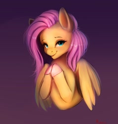Size: 2920x3068 | Tagged: safe, artist:miokomata, fluttershy, pegasus, pony, g4, bust, female, freckles, freckleshy, gradient background, hooves together, looking at you, mare, smiling, smiling at you, solo