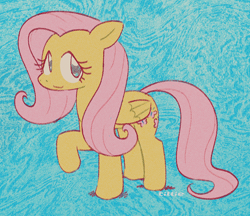 Size: 1136x982 | Tagged: safe, artist:silly2tilly, fluttershy, pegasus, pony, g4, abstract background, big eyes, blue eyes, female, folded wings, long mane, long tail, looking at you, mare, pink mane, pink tail, raised hoof, shadow, signature, smiling, smiling at you, solo, standing, tail, wavy mane, wavy tail, wingding eyes, wings, yellow coat