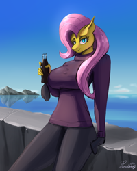 Size: 960x1200 | Tagged: safe, artist:paradoxing5, fluttershy, pegasus, anthro, g4, bedroom eyes, bottle, breasts, busty fluttershy, clothes, digital art, female, looking at you, pants, pose, shirt, soda, soda bottle, solo, tail, thighs, wide hips, wingless, wingless anthro