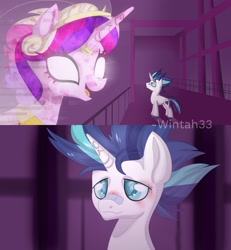 Size: 2000x2160 | Tagged: safe, artist:wintah33, princess cadance, shining armor, alicorn, pony, unicorn, g4, 2 panel comic, 2024, alternate hairstyle, bandaid, blade runner 2049, comic, crossing the memes, duo, duo male and female, female, glowing, glowing eyes, hologram, horn, horn ring, injured, larger female, male, mare, meme, messy mane, open mouth, open smile, ring, ship:shiningcadance, shipping, signature, size difference, smaller male, smiling, stallion, straight, tail, the bride and the ugly ass groom, toy interpretation, unshorn fetlocks, wedding veil