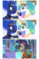 Size: 1279x1920 | Tagged: safe, edit, edited screencap, screencap, grampa gruff, prince rutherford, princess celestia, princess ember, princess luna, seaspray, alicorn, dragon, griffon, hippogriff, pony, yak, between dark and dawn, g4, school daze, angry, argument, bickering, blind eye, canterlot castle, celsius, duo, ear piercing, earring, epic hoofshake, ethereal mane, eye scar, faceoff, facial scar, fahrenheit, feet (distance), female, fez, flying, hat, holding hooves, hoof shoes, horn, horn ring, jewelry, kelvin (temperature), kilogram, mare, meme, meter, necklace, peytral, piercing, ponified meme, pound, raised claw, rankine (temperature), ring, royal sisters, scar, science meme, siblings, sisters, slender, spread wings, starry mane, thin, wall of tags, wings