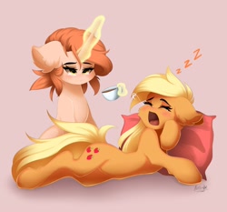 Size: 2560x2386 | Tagged: safe, artist:natanvok, applejack, oc, earth pony, pony, unicorn, g4, belly, cheek fluff, coffee, cup, duo, duo female, ear fluff, eyebrows, eyes closed, female, floppy ears, glowing, glowing horn, high res, horn, levitation, lying down, magic, magic aura, mare, onomatopoeia, open mouth, pillow, signature, sitting, sleeping, snot bubble, sound effects, tail, telekinesis, unicorn oc, yawn, zzz
