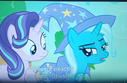 Size: 1080x708 | Tagged: safe, screencap, starlight glimmer, trixie, unicorn, g4, to change a changeling, cape, clothes, duo, female, gem, hat, horn, implied lesbian, mare, photo, picture of a screen, screenshots, subtitles, tree, trixie's cape, trixie's hat
