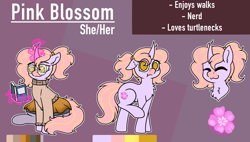 Size: 1844x1048 | Tagged: safe, artist:bluemoon, oc, oc:pink blossom, pony, unicorn, book, clothes, commission, curved horn, flower, glasses, horn, magic, ponytail, pronouns, reading, reference, reference sheet, sitting, skirt, telekinesis, turtleneck