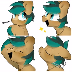 Size: 4096x4096 | Tagged: safe, artist:mochi_nation, oc, oc only, earth pony, pony, bust, commission, eyes closed, floppy ears, hoof on chin, looking offscreen, male, open mouth, open smile, simple background, smiling, solo, sparkles, stallion, thinking, unshorn fetlocks, white background