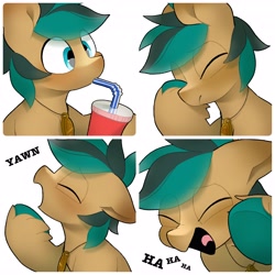 Size: 4096x4096 | Tagged: safe, artist:mochi_nation, oc, oc only, earth pony, pony, bust, commission, drink, drinking, drinking straw, eyes closed, facehoof, floppy ears, hoof hold, laughing, male, simple background, solo, stallion, unshorn fetlocks, white background, yawn