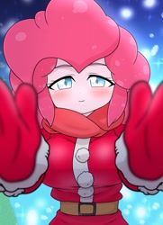 Size: 1479x2048 | Tagged: safe, artist:batipin, pinkie pie, equestria girls, g4, blushing, breasts, busty pinkie pie, christmas, clothes, costume, cute, diapinkes, duffel coat pov meme, female, holiday, looking at you, meme, mittens, offscreen character, pov, santa costume, scarf, smiling, snow, solo
