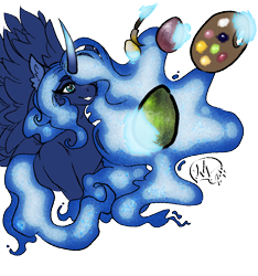 Size: 822x880 | Tagged: safe, artist:momma-fleur, princess luna, alicorn, g4, cute, easter, easter egg, holiday, lunabetes, magic, paintbrush, painting, simple background, smiling, solo, transparent background