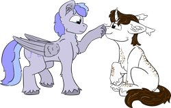 Size: 2500x1578 | Tagged: safe, artist:dsksh, oc, oc only, oc:discoordination, oc:zephir, pegasus, pony, unicorn, boop, chest fluff, duo, duo male, ear fluff, ears back, folded wings, freckles, horn, looking at each other, looking at someone, male, pegasus oc, pegasus wings, raised hoof, raised leg, side view, simple background, sitting, stallion, standing, tail, transparent background, two toned mane, two toned tail, unicorn oc, unshorn fetlocks, wings