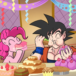 Size: 1500x1500 | Tagged: safe, artist:madmax, pinkie pie, earth pony, humanoid, pony, saiyan, g4, 2011, banner, cake, cheek bulge, clothes, crossover, cupcake, cute, diapinkes, dragon ball, dragon ball z, duo, duo male and female, eating, eyes closed, featured image, female, food, gi, hoof hold, indoors, light skin, male, mare, messy eating, nom, old art, party, pie, puffy cheeks, smiling, son goku, streamers, stuffing, that pony sure does love eating, wristband
