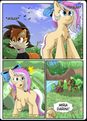 Size: 570x794 | Tagged: safe, artist:slasheramaya, oc, oc only, oc:darini, oc:hope gate, earth pony, kirin, pony, comic, fan game, female, kirin oc, spanish, stringbound