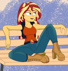 Size: 1223x1280 | Tagged: safe, artist:peel_a_na, sunset shimmer, human, equestria girls, g4, bench, boots, clothes, denim, high heel boots, jeans, pants, shoes, solo