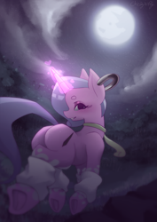 Size: 1403x1984 | Tagged: safe, artist:chiefywiffy, oc, oc:chiefy, pony, unicorn, butt, clothes, ear piercing, glowing, glowing horn, hooves, horn, leg warmers, looking back, moon, necktie, night, piercing, plot, solo, underhoof