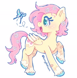Size: 2006x2048 | Tagged: safe, artist:bunydotcom, fluttershy, butterfly, pegasus, pony, g4, alternate cutie mark, alternate design, alternate hairstyle, bandaid, blushing, chest fluff, coat markings, colored eartips, colored eyelashes, colored hooves, colored pinnae, colored wings, colored wingtips, fangs, female, flower, flower in hair, flower in tail, folded wings, freckles, green eyes, heart, heart eyes, long tail, mare, multicolored eyes, open mouth, open smile, pink mane, pink tail, profile, raised leg, redesign, shiny hooves, short mane, signature, simple background, small wings, smiling, socks (coat markings), solo, tail, two toned wings, unshorn fetlocks, white background, wingding eyes, wings, yellow coat
