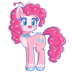 Size: 2048x2048 | Tagged: safe, artist:bunydotcom, pinkie pie, earth pony, pony, g4, ahoge, alternate design, big ears, big eyes, blue eyes, blushing, bowtie, chest fluff, clown makeup, colored belly, colored eartips, colored eyelashes, colored fetlocks, colored hooves, colored pinnae, concave belly, curly mane, curly tail, eyelashes, female, food, grin, hair accessory, long legs, long mane, long tail, mare, multicolored eyes, pale belly, pink coat, pink mane, pink tail, redesign, shiny hooves, signature, simple background, smiling, solo, sparkly eyes, sprinkles, standing, tail, tail accessory, unshorn fetlocks, white background, wingding eyes