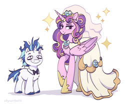 Size: 2301x1919 | Tagged: safe, artist:skysorbett, princess cadance, shining armor, alicorn, pony, unicorn, g4, alternate hairstyle, clothes, dress, duo, duo male and female, female, folded wings, height difference, hoof shoes, horn, horn ring, lidded eyes, male, mare, meme, messy mane, messy tail, princess shoes, redraw, ring, shipping, shoes, simple background, sketch, sparkles, stallion, tail, the bride and the ugly ass groom, toy interpretation, wedding dress, wedding veil, white background, wings