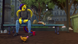 Size: 3840x2160 | Tagged: safe, artist:olkategrin, scootaloo, oc, oc:lemon box, bird, chicken, pegasus, anthro, 3d, anthro oc, bag, bench, birthday, blue eyes, building, chair, clothes, cup, denim, folded wings, food, half-closed eyes, hand on leg, high res, implied scootaloo, jeans, long mane, long mane male, long tail, male, meme, muffin, outdoors, pants, paper bag, pegasus oc, ponified, ponified meme, sad keanu, scootachicken, sitting, solo, source filmmaker, spread legs, spreading, street, tail, trash, trash can, tree, two toned mane, two toned tail, wings, yellow fur