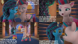 Size: 2000x1125 | Tagged: safe, edit, edited screencap, editor:quoterific, screencap, misty brightdawn, zipp storm, pegasus, pony, unicorn, g5, my little pony: make your mark, my little pony: make your mark chapter 4, the manesquerade ball, spoiler:g5, comic, dialogue, duo, female, horn, library, mare, screencap comic