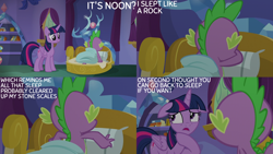 Size: 2000x1125 | Tagged: safe, edit, edited screencap, editor:quoterific, screencap, spike, twilight sparkle, alicorn, dragon, pony, g4, molt down, bed, duo, duo male and female, female, floppy ears, male, mare, spike's room, twilight sparkle (alicorn), twilight's castle
