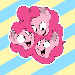 Size: 1440x1440 | Tagged: safe, artist:doodledonutart, pinkie pie, earth pony, pony, g4, bust, disembodied head, female, looking at each other, looking at someone, mare, multeity, open mouth, open smile, outline, portrait, smiling, smiling at each other, striped background, too much pink energy is dangerous, trio, white outline