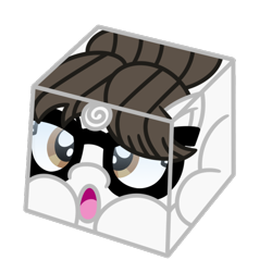 Size: 718x718 | Tagged: safe, artist:pony4koma, raven, object pony, original species, pony, unicorn, g4, :o, background pony, bangs, cube, female, front view, glasses, hair bun, horn, magic, mare, necktie, open mouth, ponified, secretary, side view, simple background, sketch, solo, transformation, transparent background