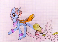 Size: 3984x2902 | Tagged: safe, artist:destiny_manticor, oc, oc only, oc:key ti, oc:rosa caerula, changeling, hybrid, pegasus, pony, bandana, changeling hybrid, duo, female, graph paper, horn, insect wings, looking at someone, mare, old art, open mouth, paper, pencil drawing, side view, traditional art, transparent wings, two toned hair, wings