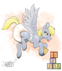 Size: 1791x2057 | Tagged: safe, artist:padded_red_dragon, derpy hooves, pegasus, pony, g4, blocks, building blocks, diaper, diaper butt, diaper fetish, female, fetish, flying, mare, poofy diaper, solo, tongue out