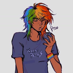 Size: 1440x1440 | Tagged: safe, artist:eeriezoundzz, rainbow dash, human, g4, clothes, dark skin, drool, gray background, humanized, multicolored hair, rainbow hair, shirt, simple background, solo, spitting, t-shirt
