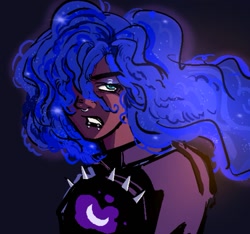 Size: 1111x1039 | Tagged: safe, artist:eeriezoundzz, princess luna, human, g4, clothes, cutie mark on clothes, dark skin, female, humanized, lip piercing, nose piercing, piercing, septum piercing, solo, starry hair, teeth