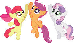 Size: 5091x3000 | Tagged: safe, artist:cloudy glow, apple bloom, scootaloo, sweetie belle, earth pony, pegasus, pony, unicorn, g4, ponyville confidential, .ai available, cutie mark crusaders, female, filly, foal, hoofbump, horn, simple background, transparent background, vector