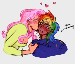 Size: 1257x1075 | Tagged: safe, artist:eeriezoundzz, fluttershy, rainbow dash, human, g4, blushing, breasts, cleavage, clothes, cutie mark on clothes, dark skin, duo, duo female, eyebrow piercing, female, gray background, humanized, kissing, lesbian, lip piercing, piercing, ship:flutterdash, shipping, simple background